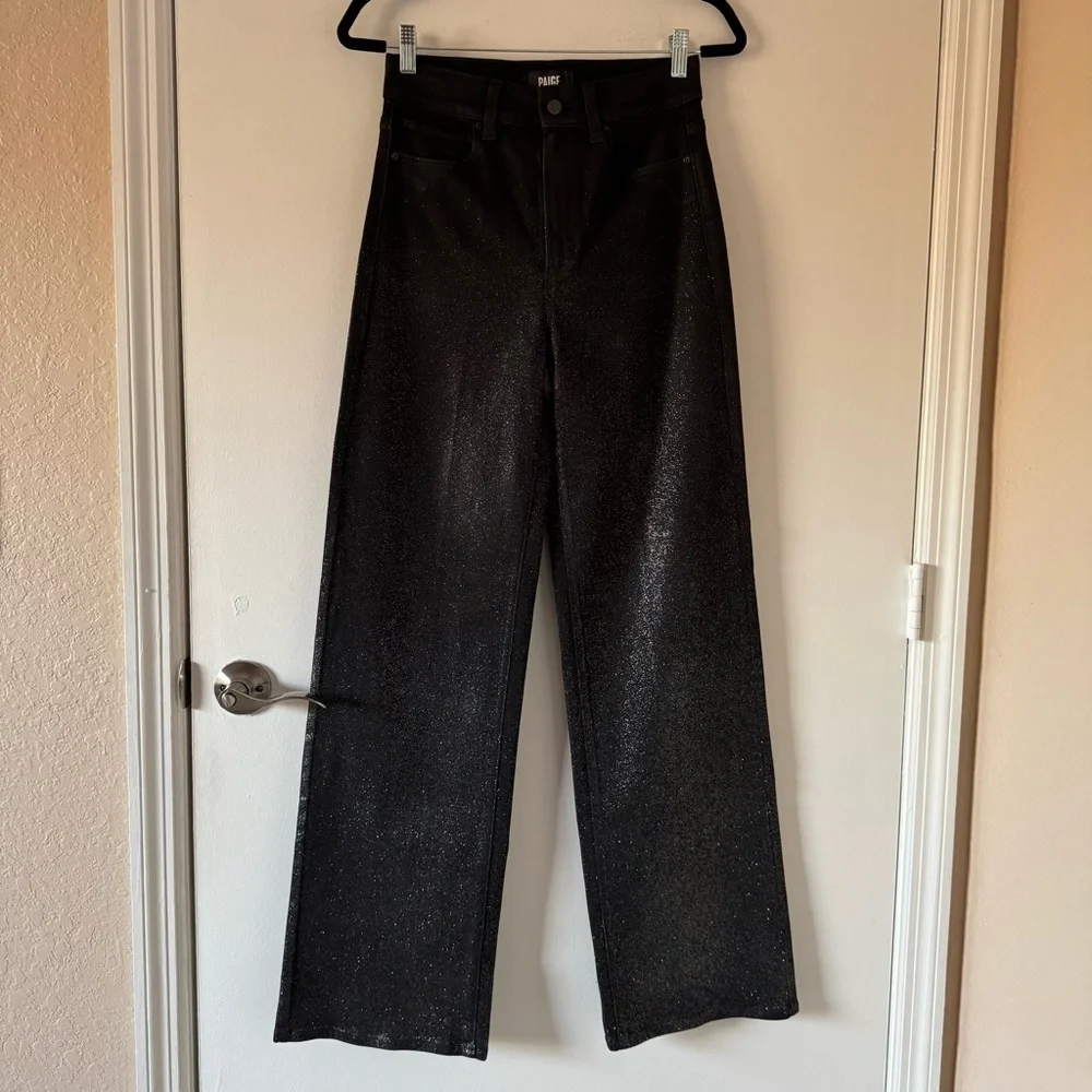 PAIGE Women's Sasha Coated Black Silver Glitter Luxe Wide-Leg Jeans Size 27